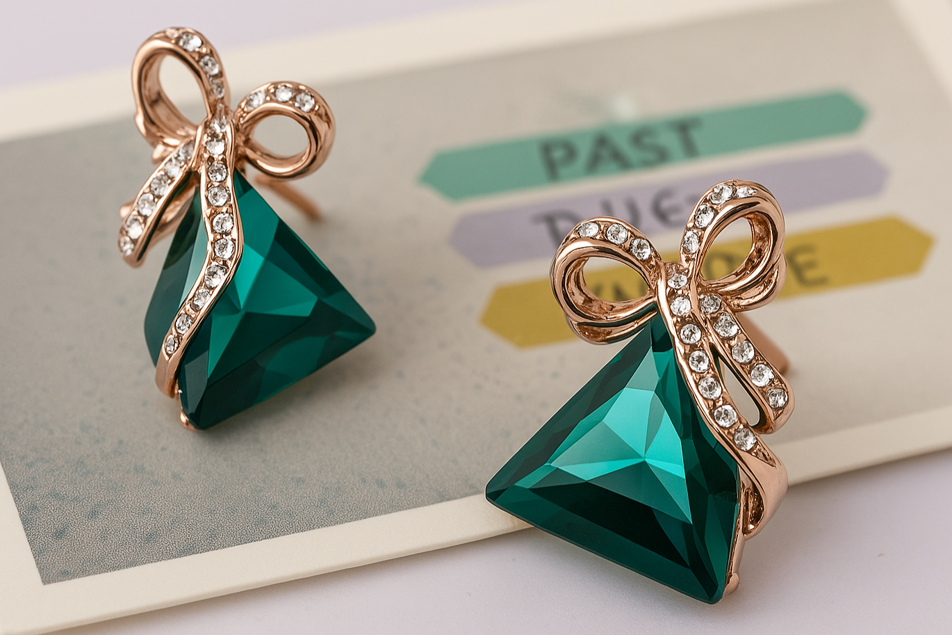 Green crystal earrings geometric triangle tassel