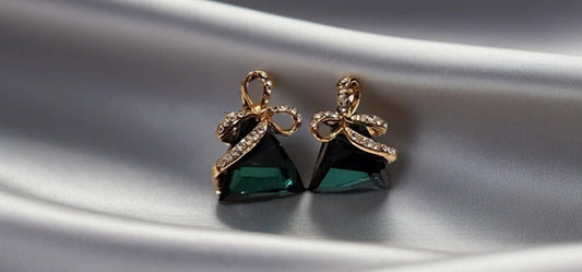 Green crystal earrings geometric triangle tassel