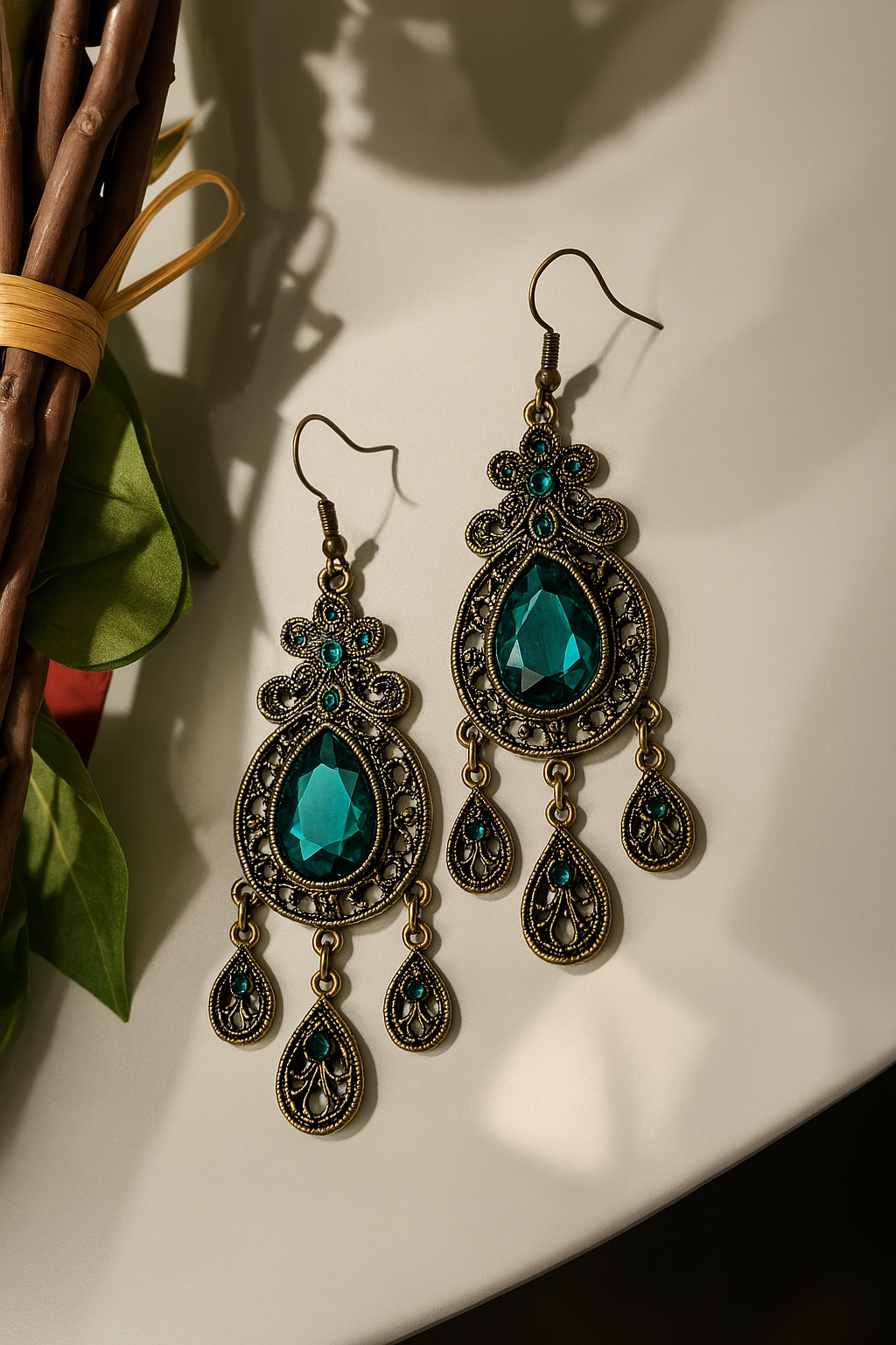 Emerald Teardrop Vintage Dangle Earrings